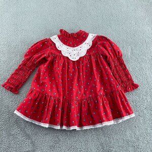 Vintage Girls Red Floral Dress 2T With Eyelet Collar & Ruffle Hem 5059
